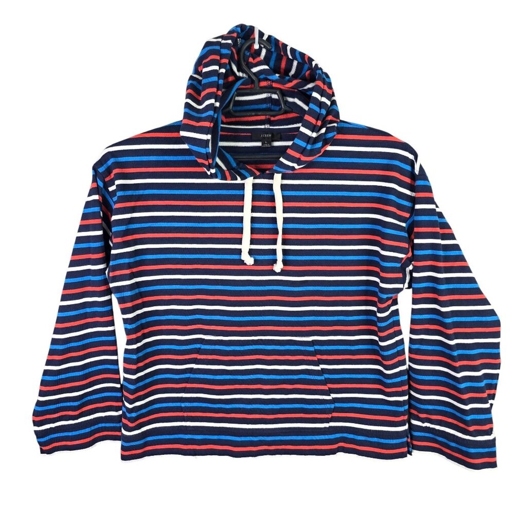 Womens J.Crew Multicolor Striped Cropped Hoodie Shirt Kangaroo Pockets Size L